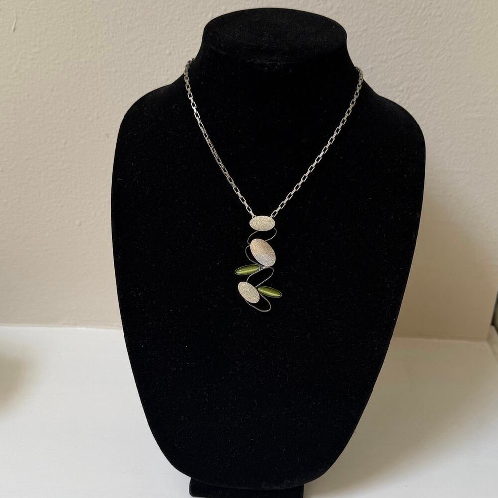 Christophe Poly Statement Necklace Green Lucite Silver Tone Modernist